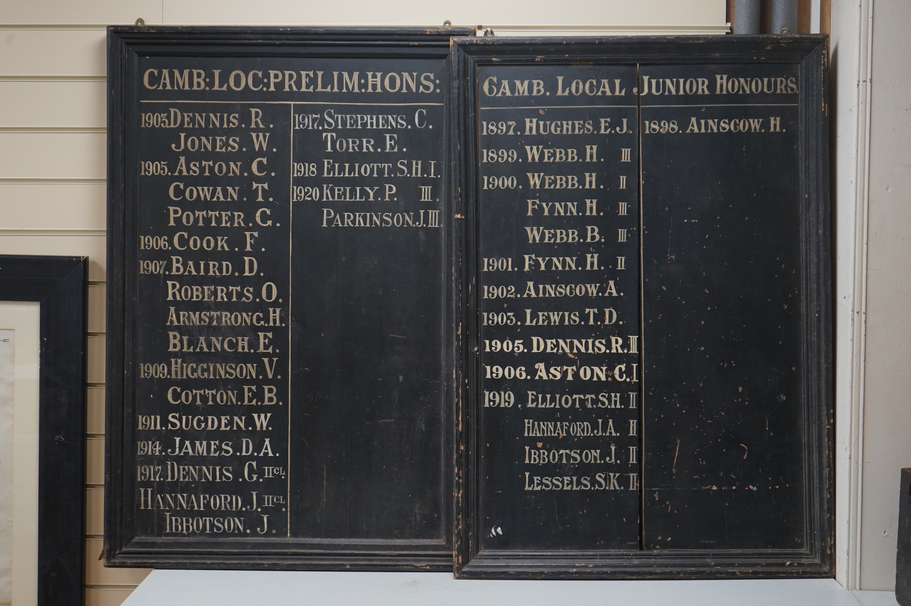 A pair of early to mid 20th century painted ‘Cambridge Local Junior Honours’ boards, 103 x 71cm. Condition - fair to good